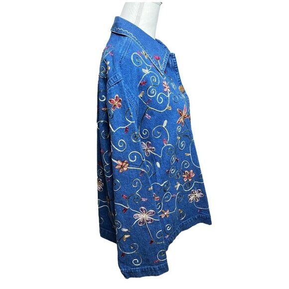 VTG UNITS Women's Lightweight Denim Jacket 1980's Embroidered Flowers Vines XL - Picture 2 of 7